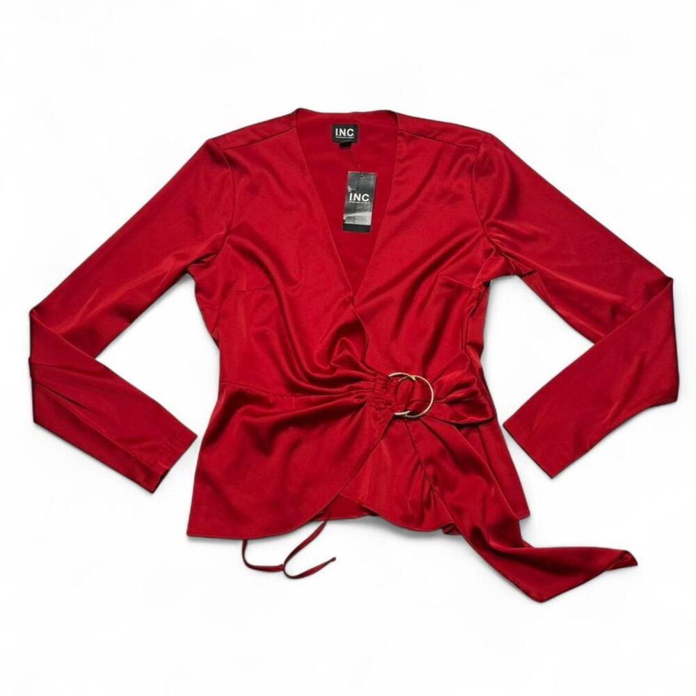 INC Red Satin Wrap Top With Tie + Buckle Detail NWT Size XS Office Siren Classy - Picture 4 of 5